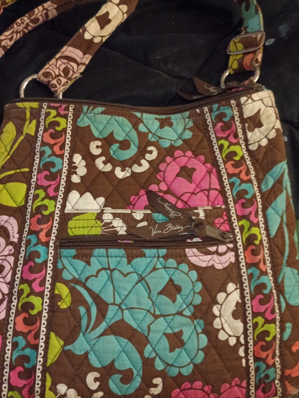 Vera Bradley Brown Quilted Shoulder Bag with Pink & Turquoise Floral Print